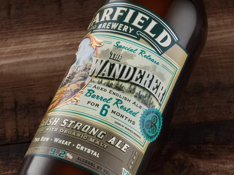 Beer label design featuring outdoor illustration, barrel aged, whiskey, ale, beer, stout
